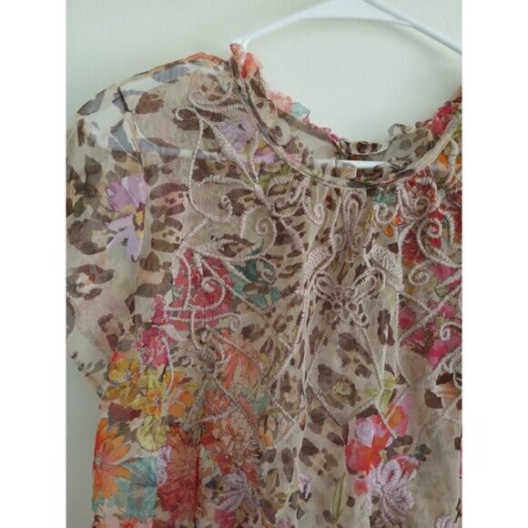 Johnny Was Womens L Boho Floral Sheer Embroidered Multicolor Short Sleeve Blouse - Picture 3 of 7